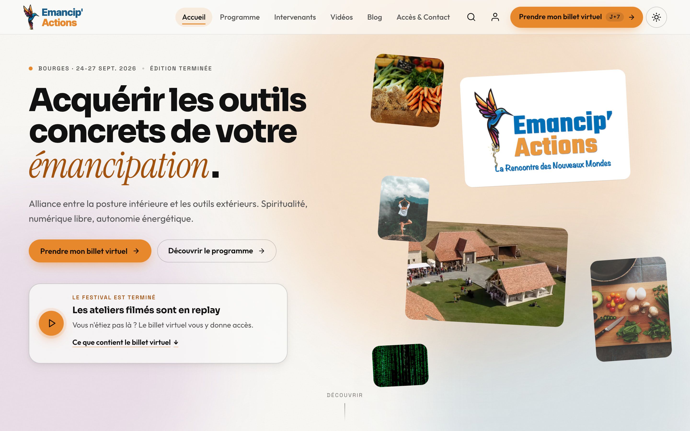 Après le festival, l'appel au billet virtuel a pris la place de la réservation sur l'accueil, et un encart mène aux ateliers filmés.
