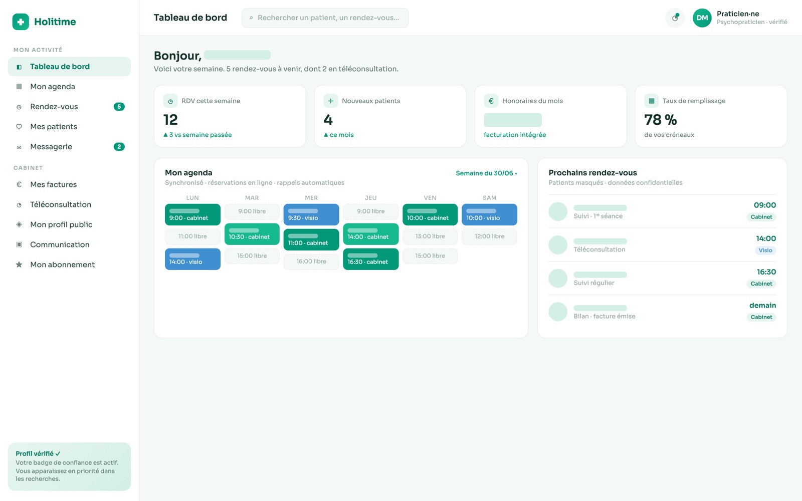 Le tableau de bord praticien : agenda, rendez-vous, téléconsultation, patients et facturation réunis dans un seul cabinet en ligne. (Aperçu reconstitué, données fictives.)