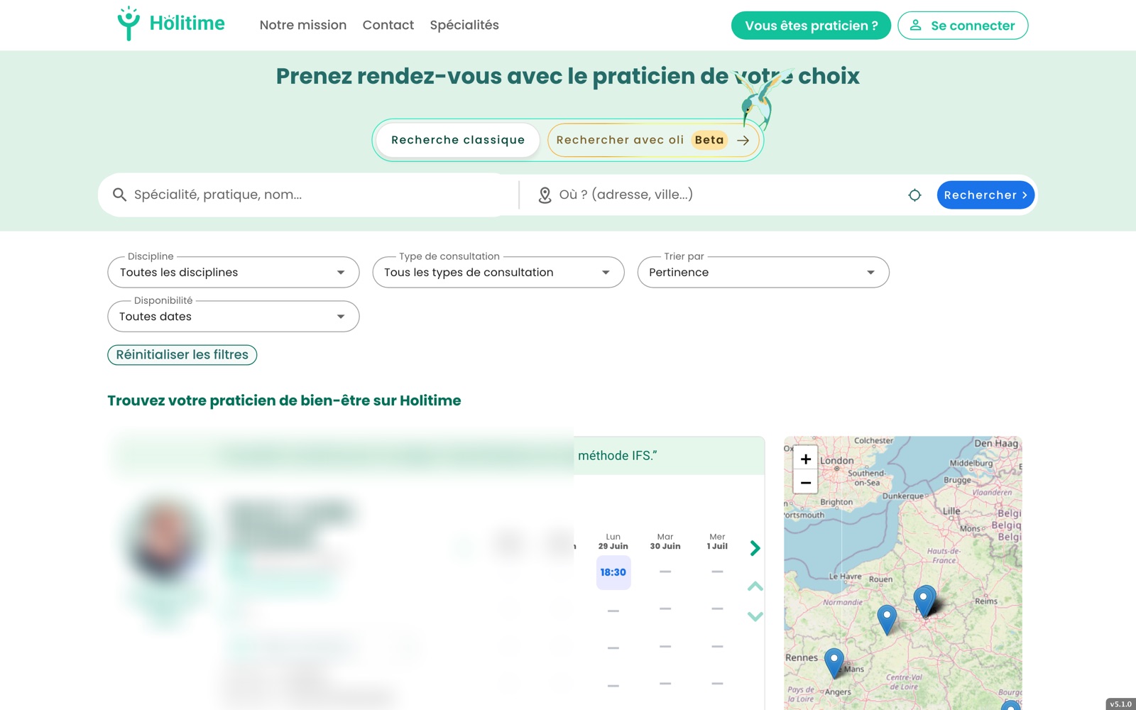 La recherche : par discipline, par ville, ou assistée par IA. Filtres, créneaux en ligne et carte géographique réunis. (Fiche praticien anonymisée par nos soins.)