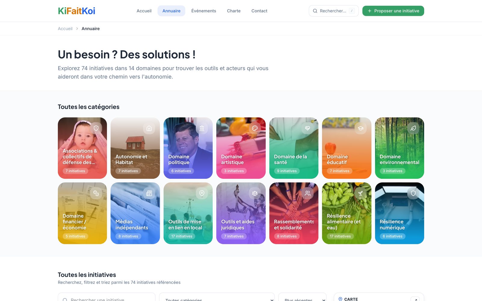 La page Annuaire : les 74 initiatives explorables par recherche, filtres, catégories et carte.
