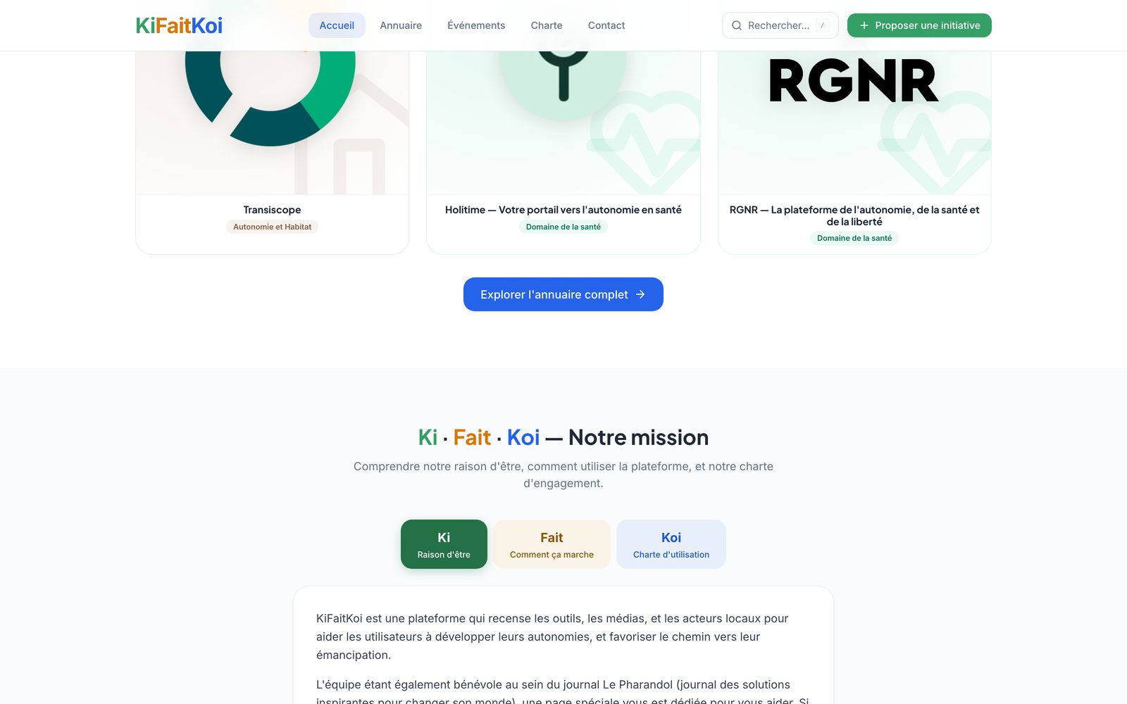 Les initiatives mises en avant par l'équipe, et la page « Notre mission ».