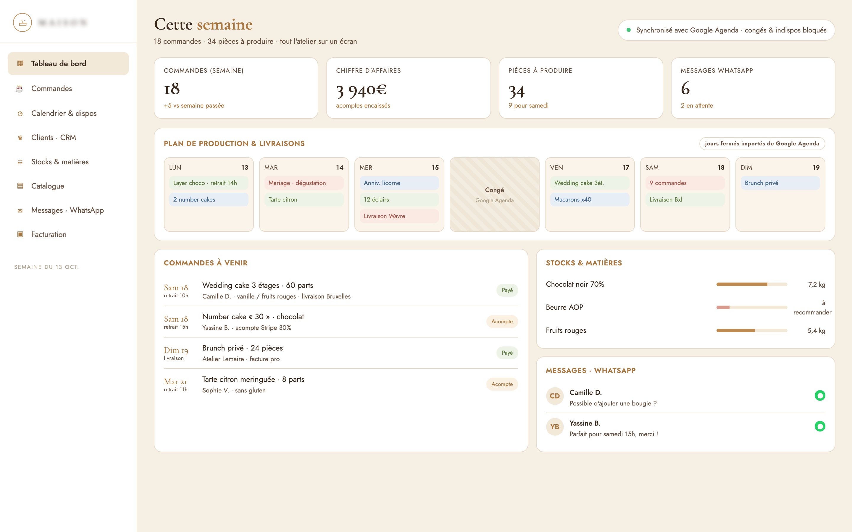 Le back-office : plan de production de la semaine synchronisé avec Google Agenda, commandes, stocks, CRM et messagerie WhatsApp réunis.