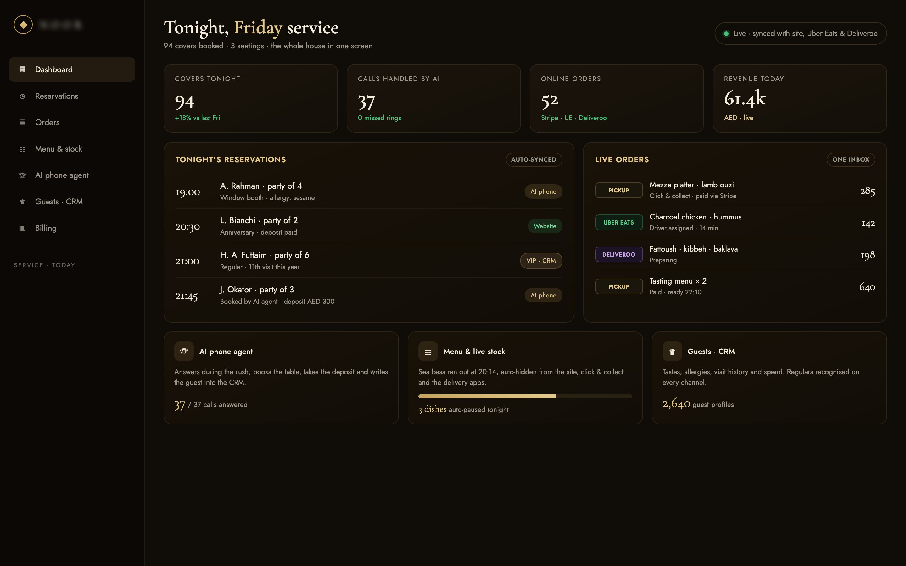 Le poste de pilotage : réservations, click & collect, commandes Uber Eats et Deliveroo, agent IA, stocks synchronisés et CRM, réunis sur un seul écran.